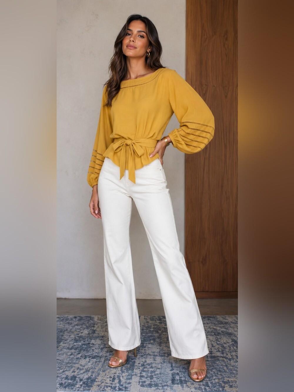 SUGAR LIPS Mustard Tie-Waist Peasant Blouse